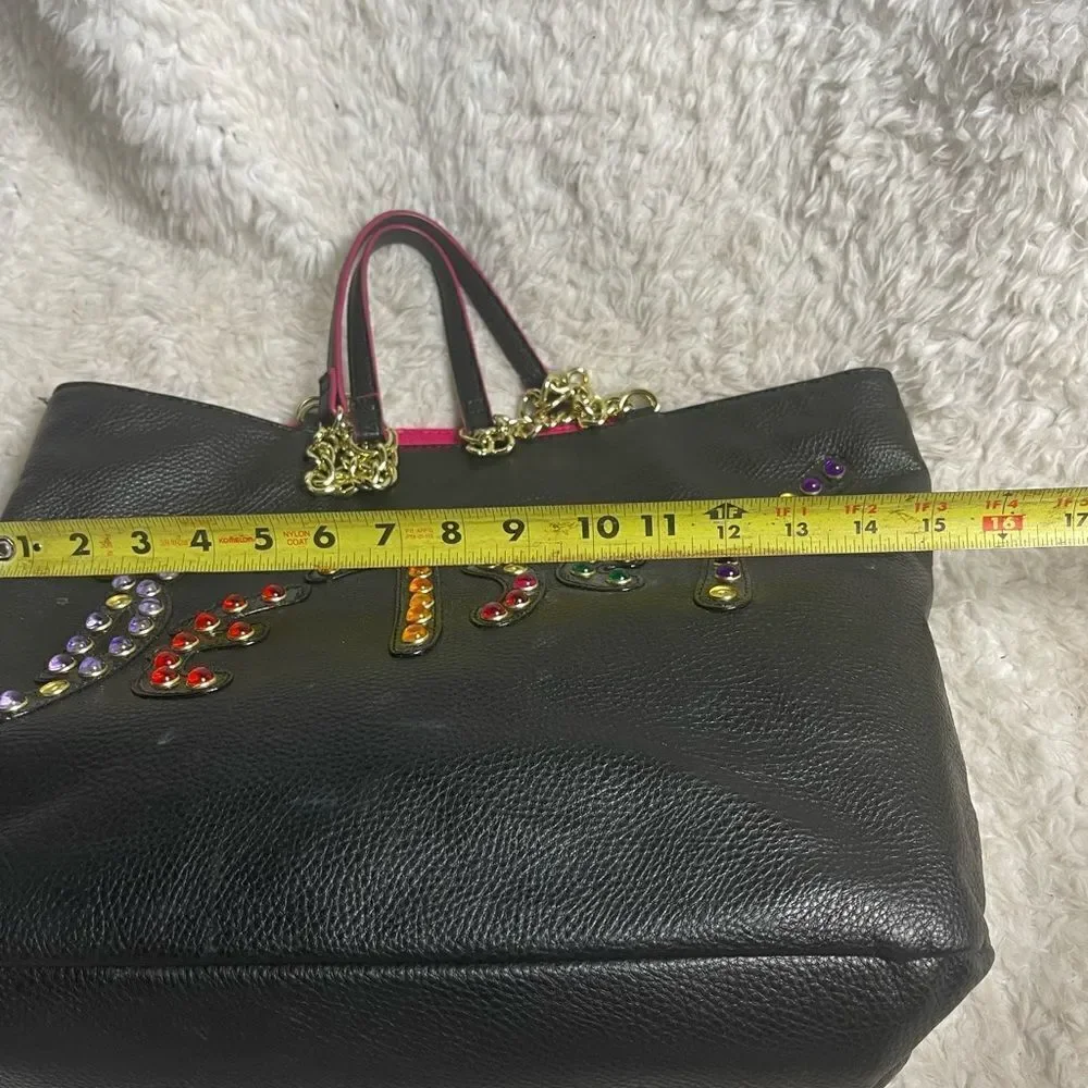 Betsey Johnson jewels large black synthetic leather tote gold tone chain straps